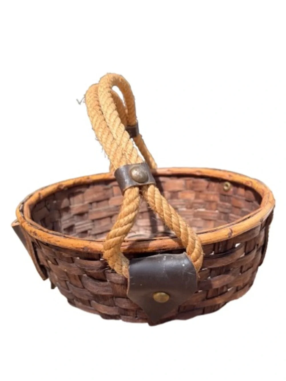 Vintage Wicker Utility Basket Leather Tool Pouch Handles Mid-Century Sewing